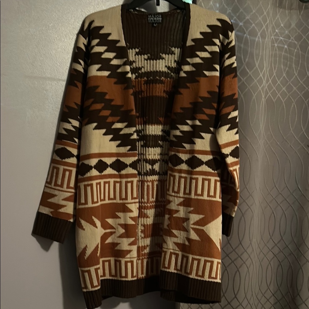 Brown and Cream Geometric Cardigan